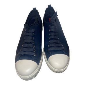 Prada Brushed Leather Navy Blue and White Men's Sneakers